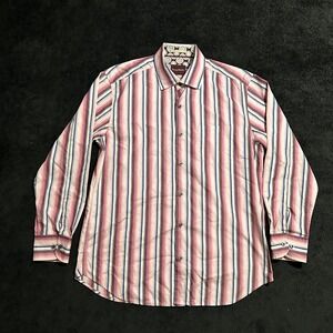 Tommy Bahama Shirt Mens Medium Long Sleeve Pink Burgundy Striped Cotton Silk